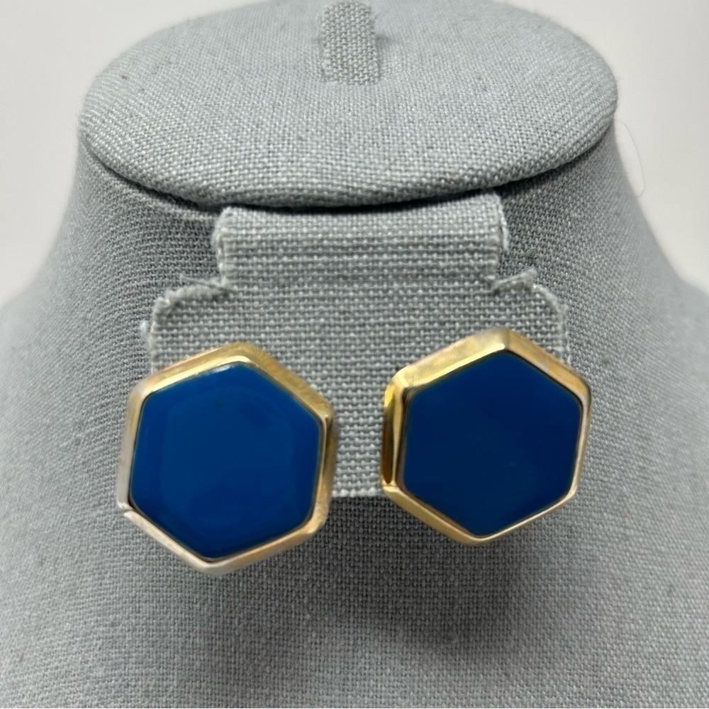 Vintage Blue Hexagon Stud Earrings with Gold Tone Border